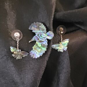Elegant Paua Abalone Bird Brooch and Butterfly Earrings